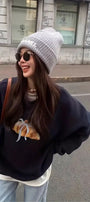 Kadın Oversize Sweatshirt Kurdeleli Croissant Baskılı Lacivert – Bisiklet Yaka, 3 İplik Polar