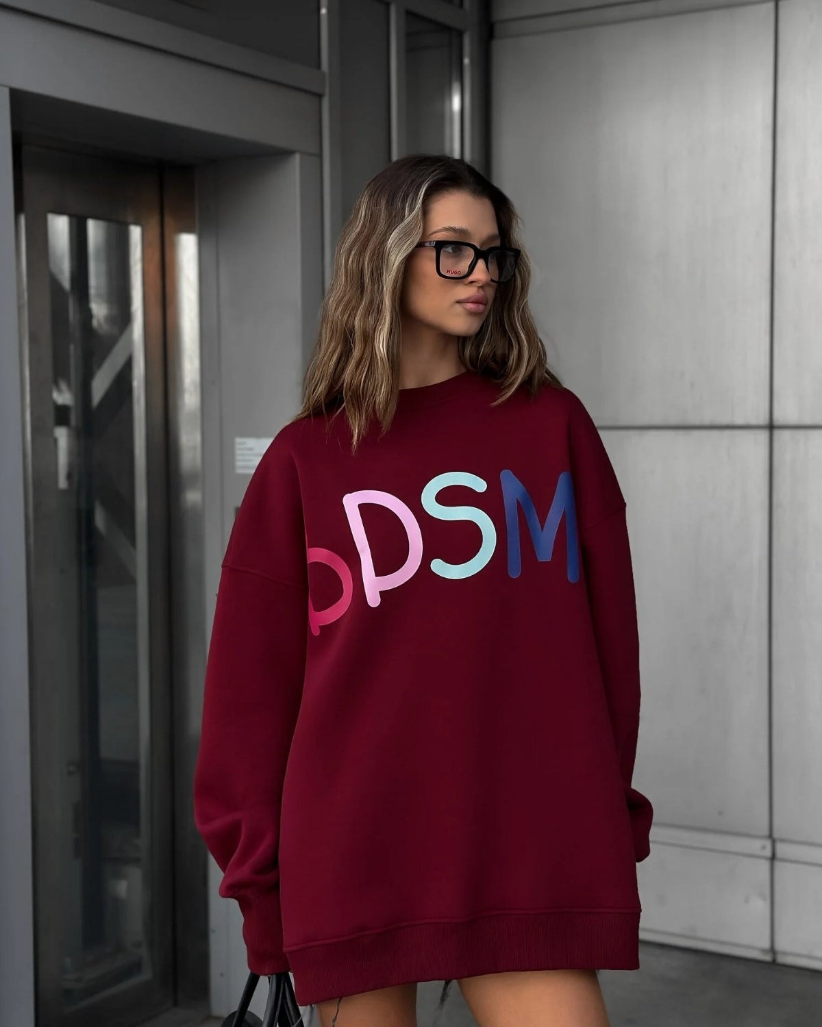 Kadın Oversize Sweatshirt Elbise Color Pop Baskılı Bordo – Bisiklet Yaka, 3 İplik Şardonlu Polar