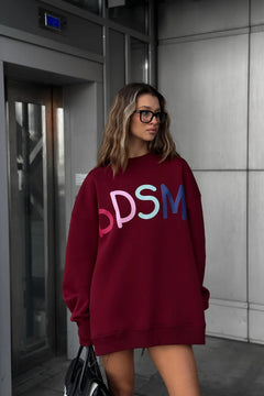 Kadın Oversize Sweatshirt Elbise Color Pop Baskılı Bordo – Bisiklet Yaka, 3 İplik Şardonlu Polar