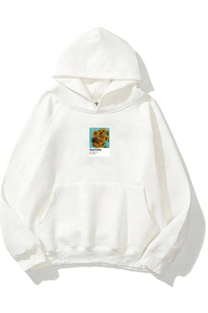 Kapüşonlu İçi Polar Sunflowers Baskılı Beyaz Unisex Oversize Hoodie Sweatshirt