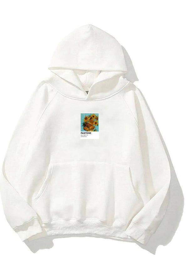 Kapüşonlu İçi Polar Sunflowers Baskılı Beyaz Unisex Oversize Hoodie Sweatshirt