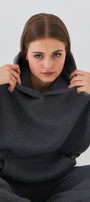 Oversize Unisex Sweatshirt Hoodie Füme Melanj – Kapüşonlu, 3 İplik Şardonlu Polar, Kanguru Cepli, Basic