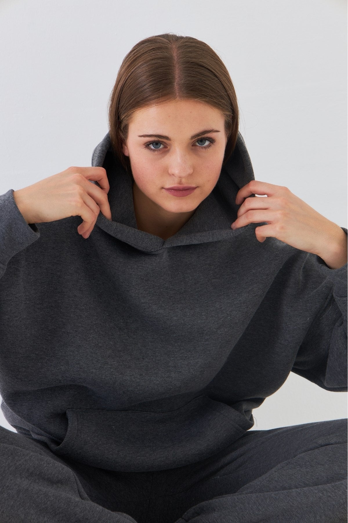 Oversize Unisex Sweatshirt Hoodie Füme Melanj – Kapüşonlu, 3 İplik Şardonlu Polar, Kanguru Cepli, Basic