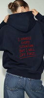 Kadın Oversize Hoodie Cry First Baskılı Lacivert – Kapüşonlu, Kanguru Cepli, 3 İplik Şardonlu Polar