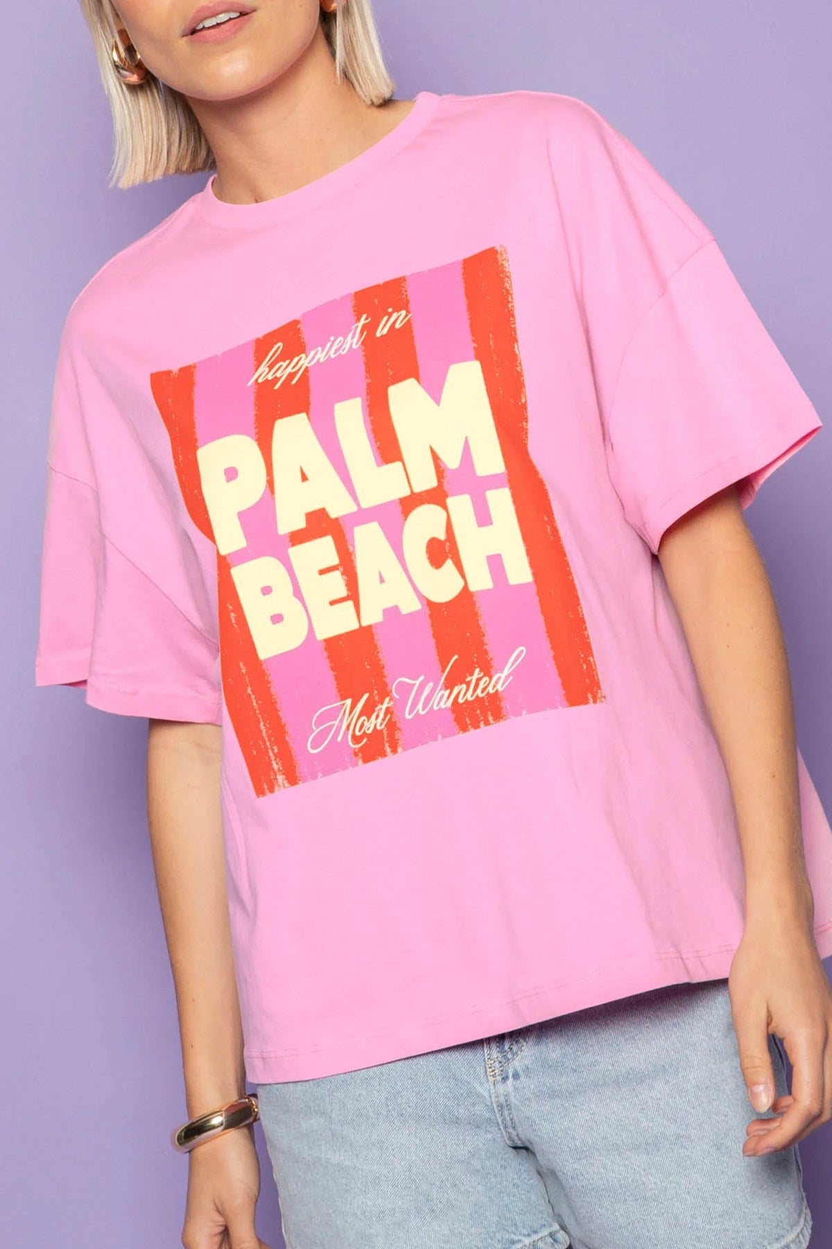 Kadın Oversize Tişört Blush Coast Baskılı Pembe – Bisiklet Yaka, %100 Pamuk Compact Süprem 24/1