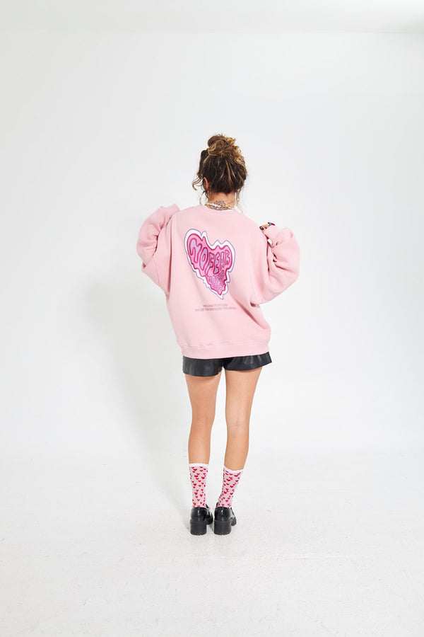 Pembe Bisiklet Yaka Kadın No Fear Ön ve Baskılı Oversize Sweatshirt