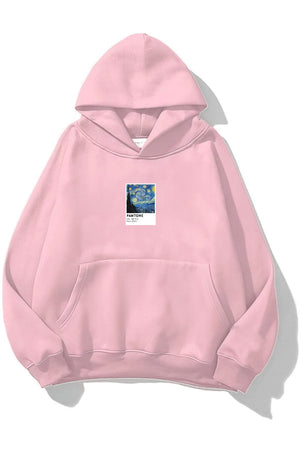 Kapüşonlu İçi Polar Starry Night Baskılı Pembe Unisex Oversize Hoodie Sweatshirt