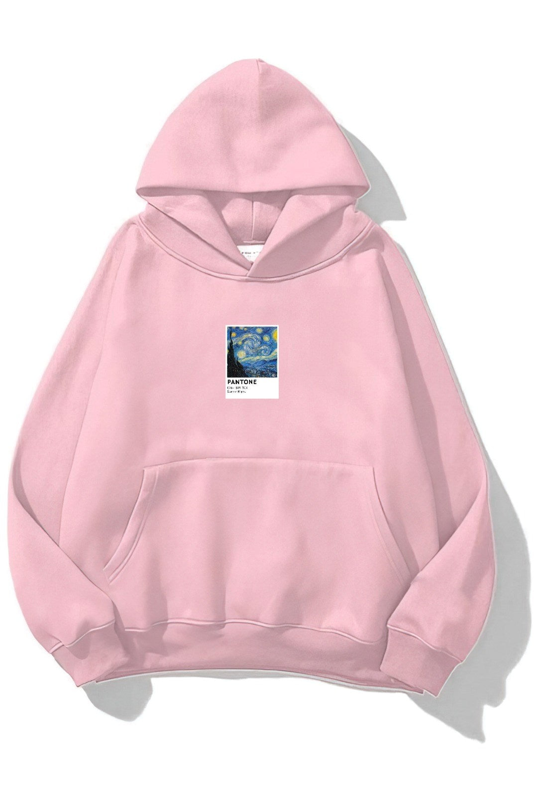 Kapüşonlu İçi Polar Starry Night Baskılı Pembe Unisex Oversize Hoodie Sweatshirt