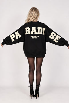 Kadın Oversize Sweatshirt Paradise Varsity Kabartma Baskılı Siyah – Bisiklet Yaka, 3 İplik Şardonlu Polar