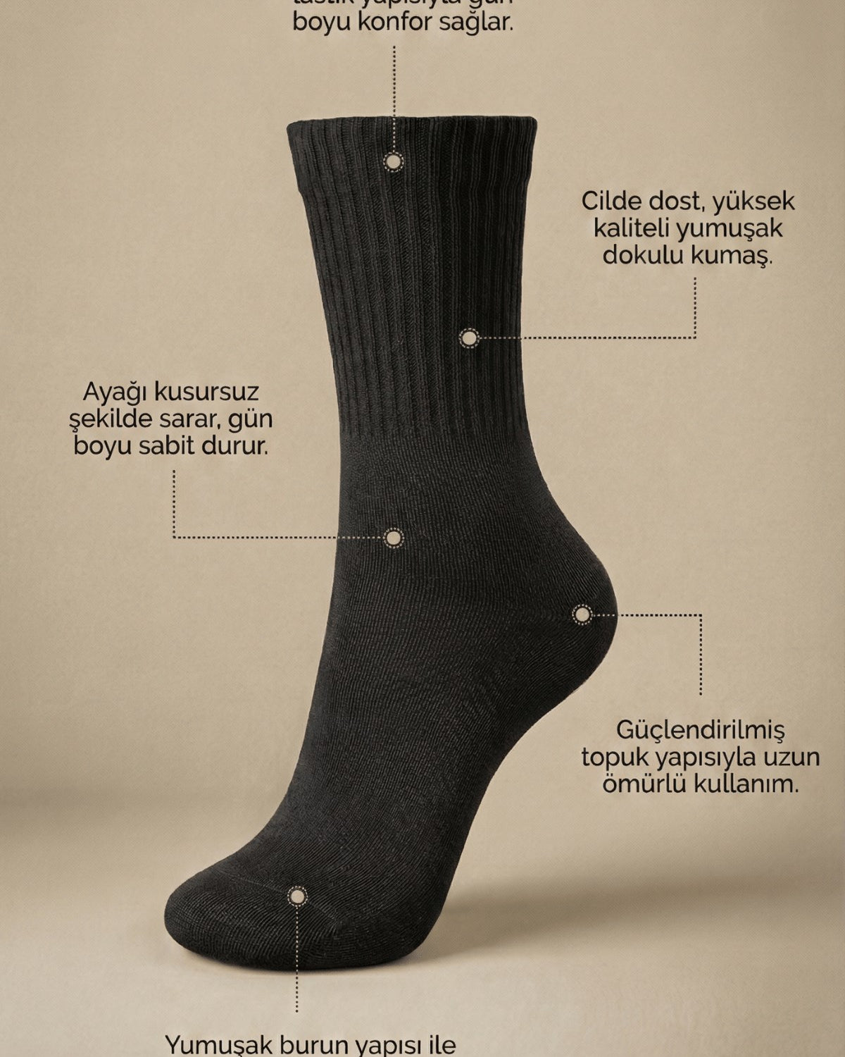 Unisex Düz Siyah Ribanalı Uzun Çorap CHMP STUDIOS Baskılı – Nefes Alan Pamuklu Penye, 6’lı Paket