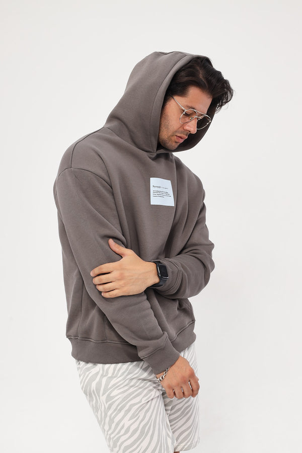 Kapüşonlu İçi Polar Syzygy Yazı Baskılı Füme Oversize Hoodie Sweatshirt