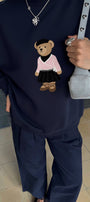 Kadın Oversize Sweatshirt Ballerina Bear Baskılı Lacivert– Bisiklet Yaka, 3 İplik Şardonlu Polar
