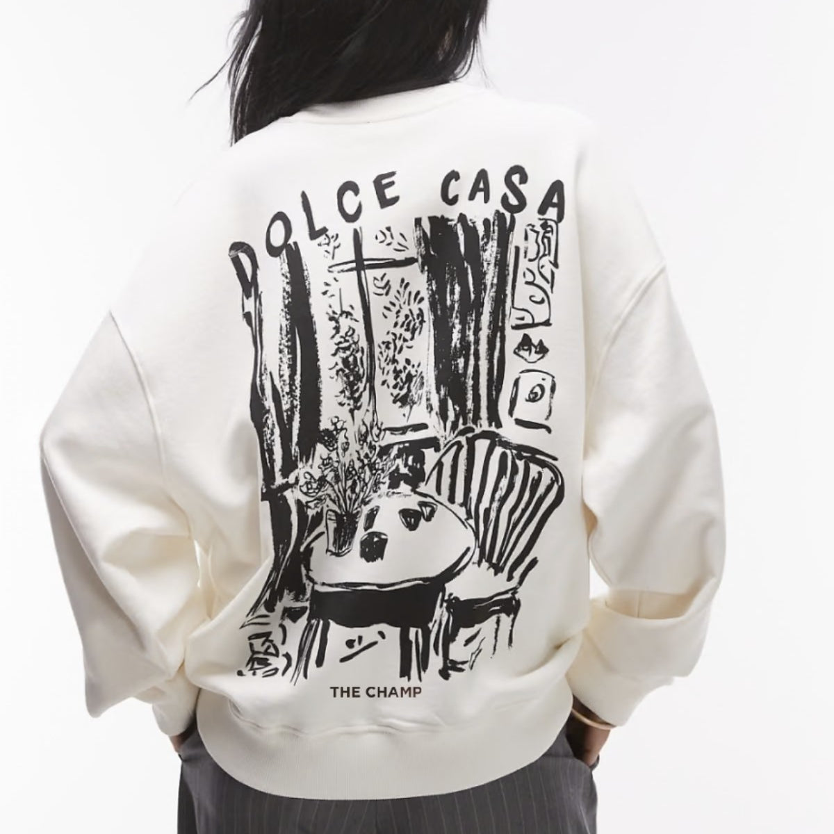 Unisex Beyaz Bisiklet Yaka Sweatshirt  Dolce Casa Baskılı 3 İplik Şardonlu Oversize