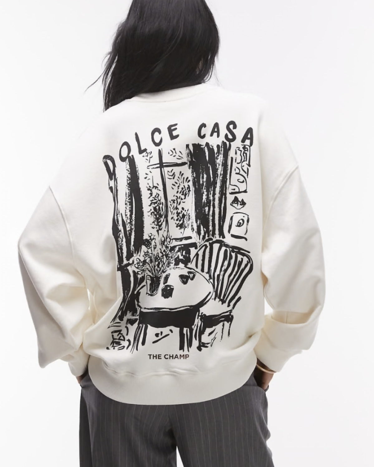 Unisex Beyaz Bisiklet Yaka Sweatshirt  Dolce Casa Baskılı 3 İplik Şardonlu Oversize