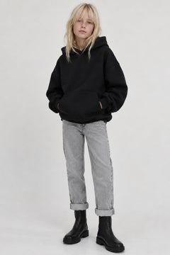 Kız Çocuk Oversize Basic Hoodie Sweatshirt Siyah – Kapüşonlu, Kanguru Cepli, 3 İplik Polar