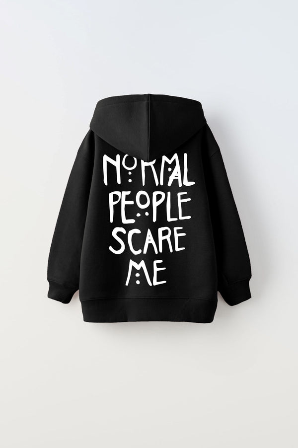 Kapüşonlu İçi Polar Normal People Scare Me Baskılı Siyah Unisex Çocuk Hoodie Sweatshirt