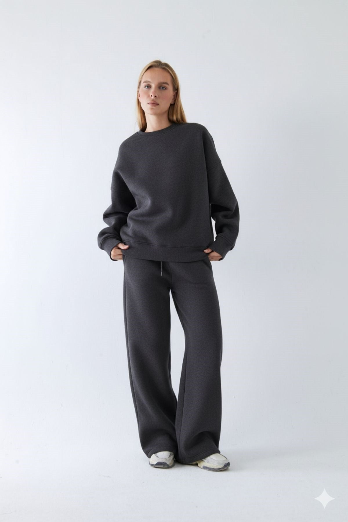 Unisex Oversize Eşofman Takımı Basic Füme Melanj – Bisiklet Yaka, Bol Paça, 3 İplik Şardonlu Polar