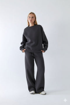 Unisex Oversize Eşofman Takımı Basic Füme Melanj – Bisiklet Yaka, Bol Paça, 3 İplik Şardonlu Polar