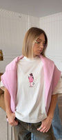 Kadın Oversize Tişört Pink Kitty Club Baskılı Beyaz – Bisiklet Yaka, Rahat Kalıp, %100 Pamuk