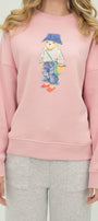 Kadın Teddy Ayıcık Baskılı Pembe 3 İplik Şardonlu Sweatshirt  Bisiklet Yaka, İçi Pamuklu