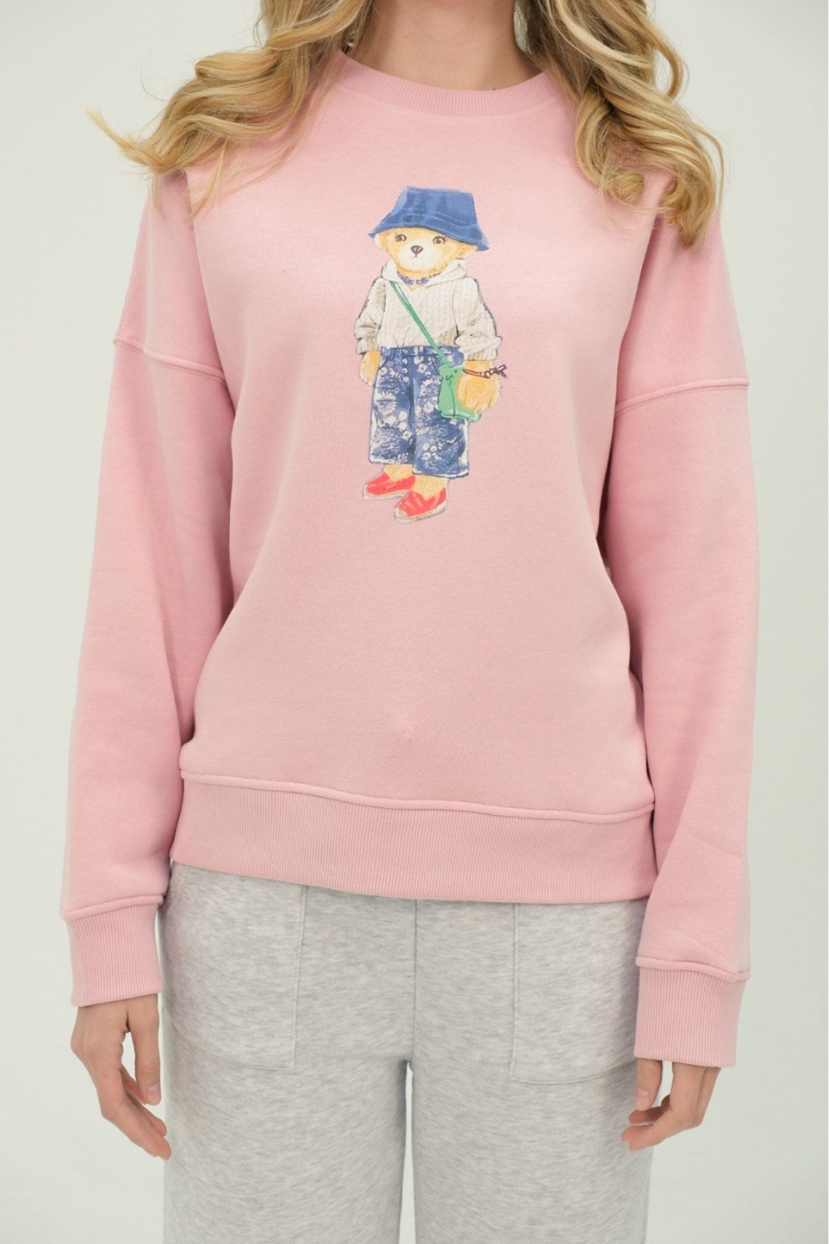 Kadın Teddy Ayıcık Baskılı Pembe 3 İplik Şardonlu Sweatshirt  Bisiklet Yaka, İçi Pamuklu