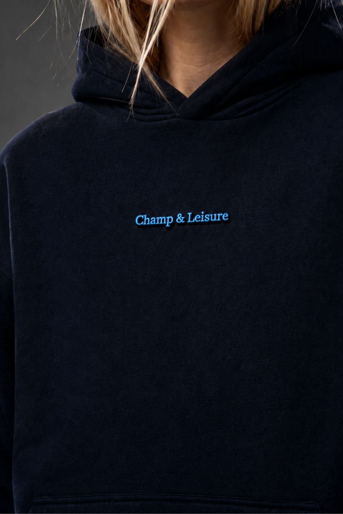 Unisex Oversize Eşofman Takımı Champ & Leisure Baskılı Lacivert – Kapüşonlu Üst, Lastikli Alt