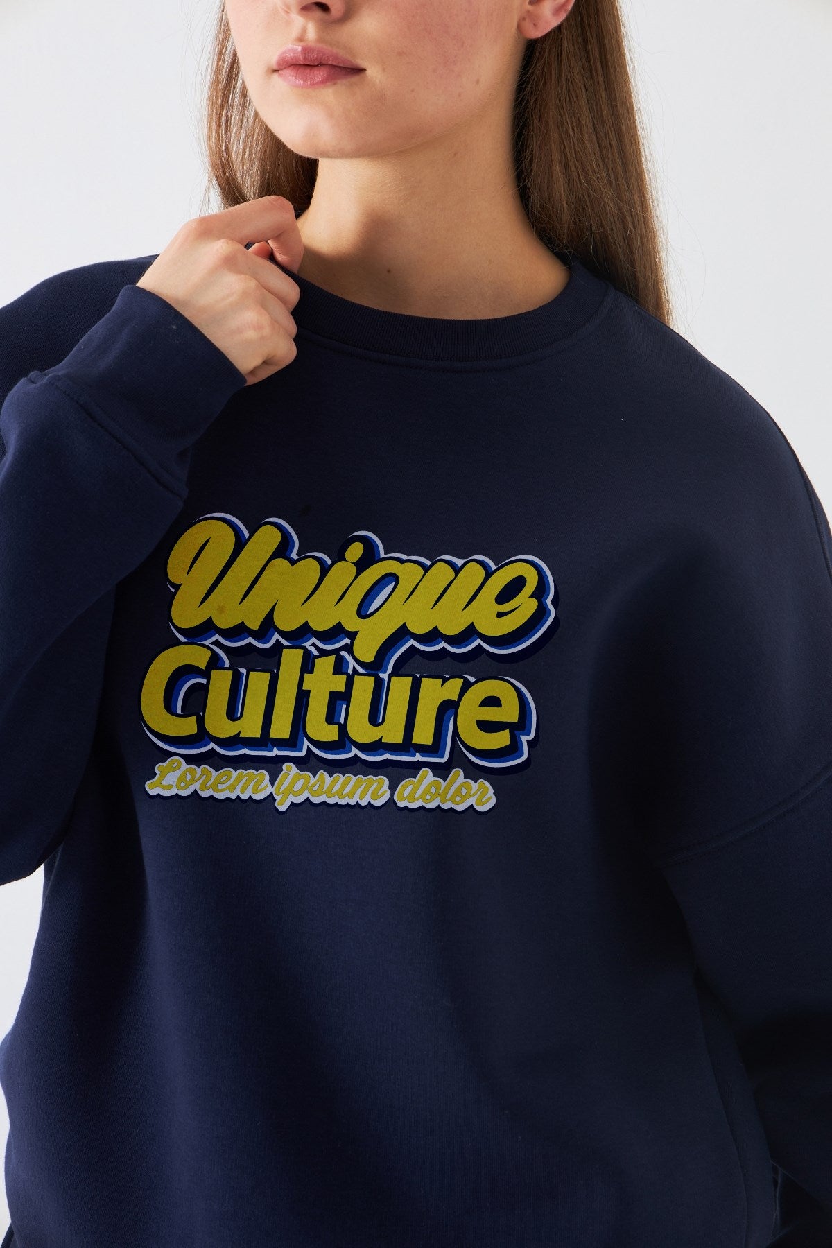 Kadın Oversize Sweatshirt Unique Culture Baskılı Lacivert – Bisiklet Yaka, 3 İplik Şardonlu Polar