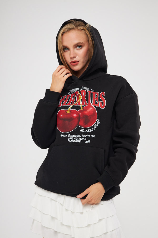 Kapüşonlu İçi Polar Cherries Yazılı Kiraz Baskılı Siyah Oversize Hoodie Sweatshirt