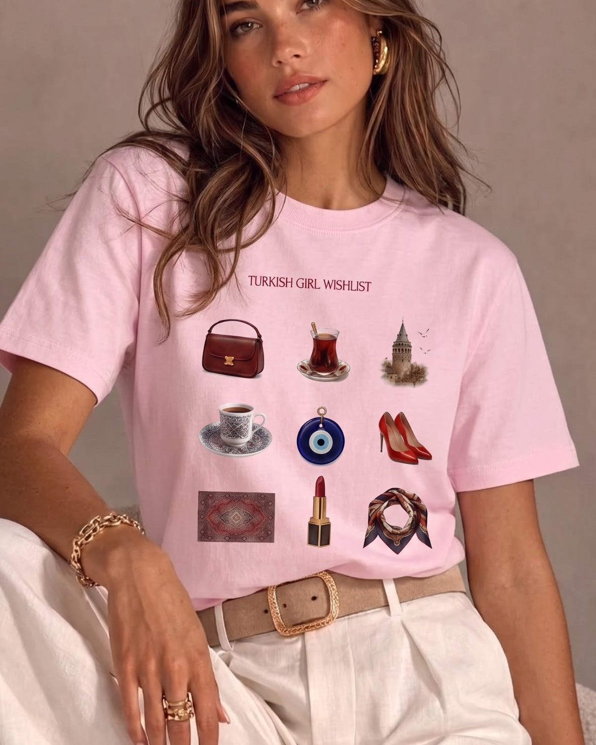 Kadın Oversize Tişört Turkish Girl Wishlist Baskılı Pembe – Bisiklet Yaka, Rahat Kalıp, %100 Pamuk