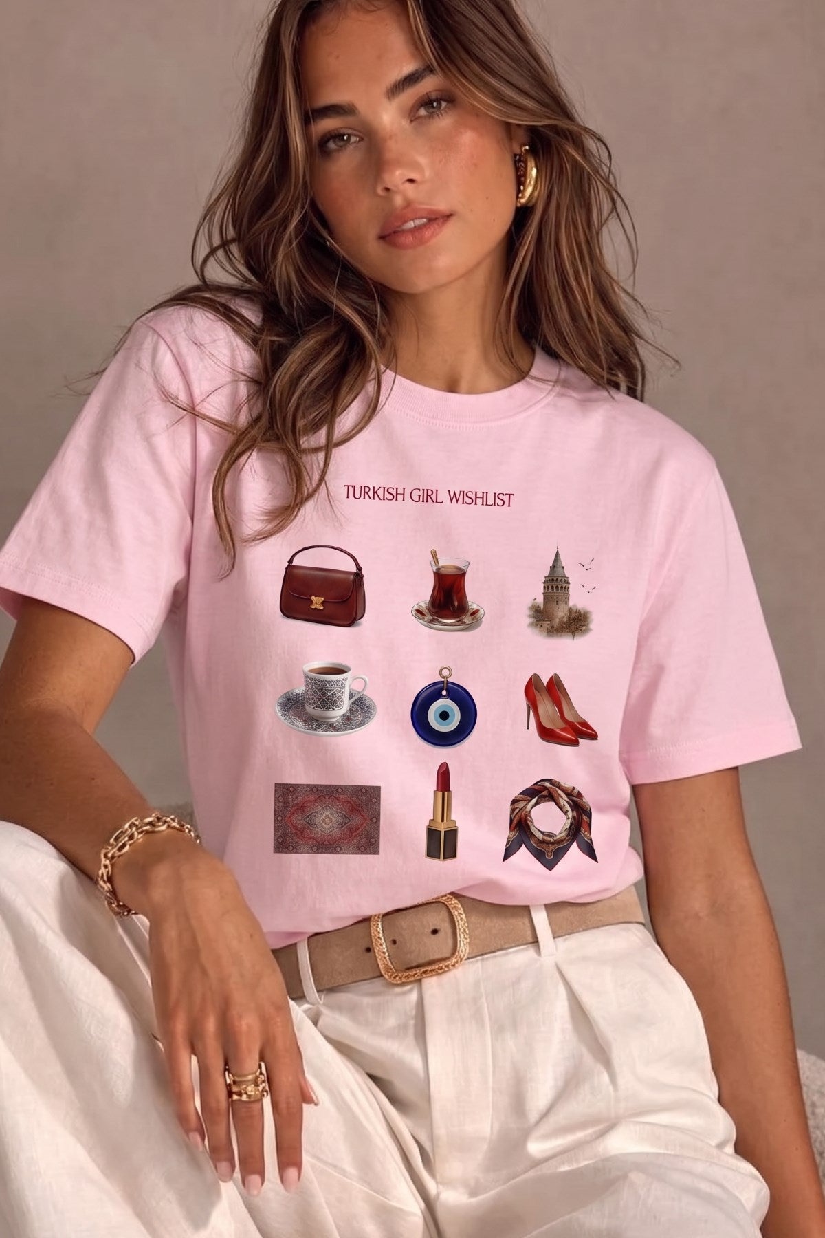 Kadın Oversize Tişört Turkish Girl Wishlist Baskılı Pembe – Bisiklet Yaka, Rahat Kalıp, %100 Pamuk