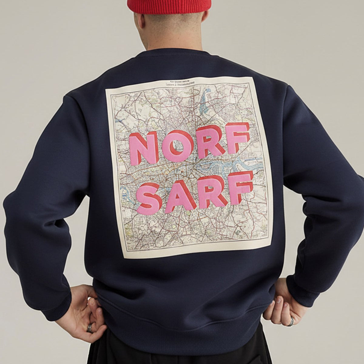 Unisex Oversize Sweatshirt Norf Sarf Harita Baskılı Lacivert – Bisiklet Yaka, 3 İplik Şardonlu Polar
