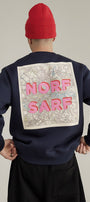 Unisex Oversize Sweatshirt Norf Sarf Harita Baskılı Lacivert – Bisiklet Yaka, 3 İplik Şardonlu Polar