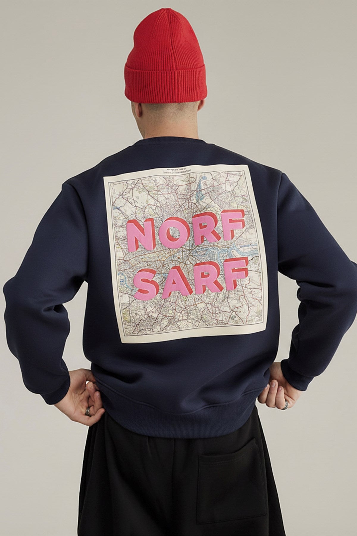 Unisex Oversize Sweatshirt Norf Sarf Harita Baskılı Lacivert – Bisiklet Yaka, 3 İplik Şardonlu Polar