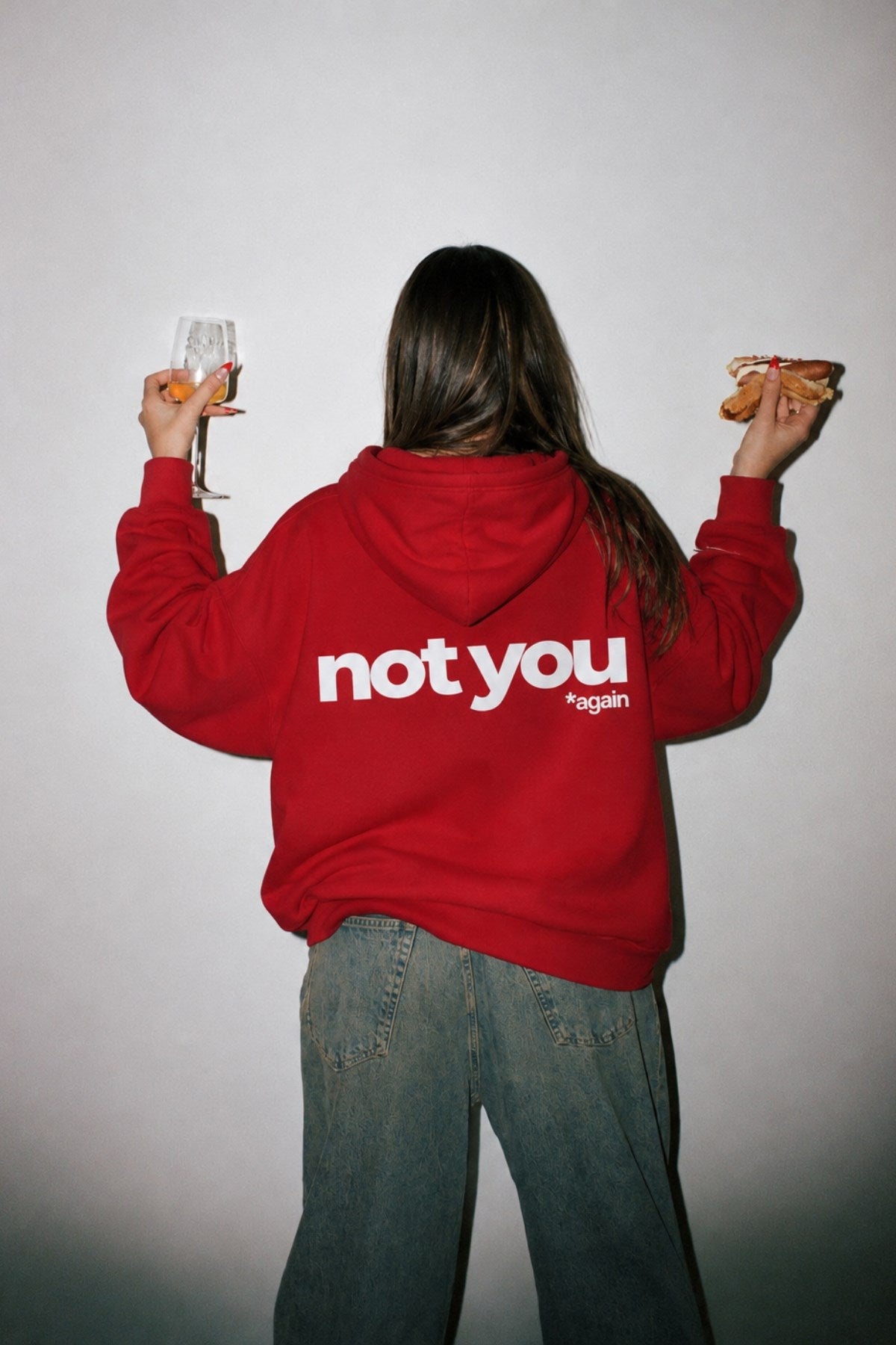 Unisex Oversize Hoodie Not You Again Baskılı Kırmızı – Kapüşonlu, Kanguru Cepli, 3 İplik Şardonlu 