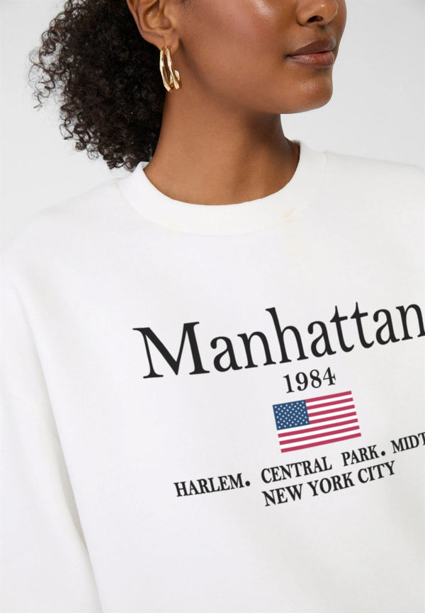 Bisiklet Yaka İçi Polar Manhattan 1984 Yazı Baskılı Beyaz Oversize Sweatshirt