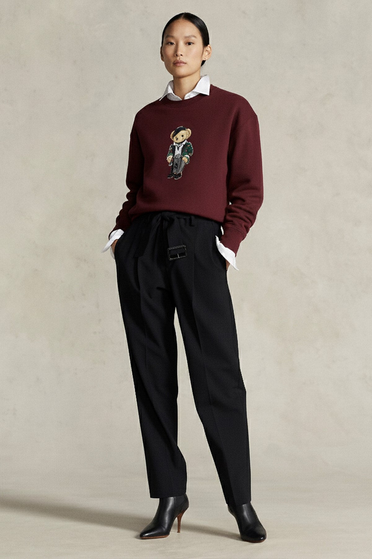 Kadın Oversize Sweatshirt Trench Bear Baskılı Bordo – Bisiklet Yaka, 3 İplik Şardonlu
