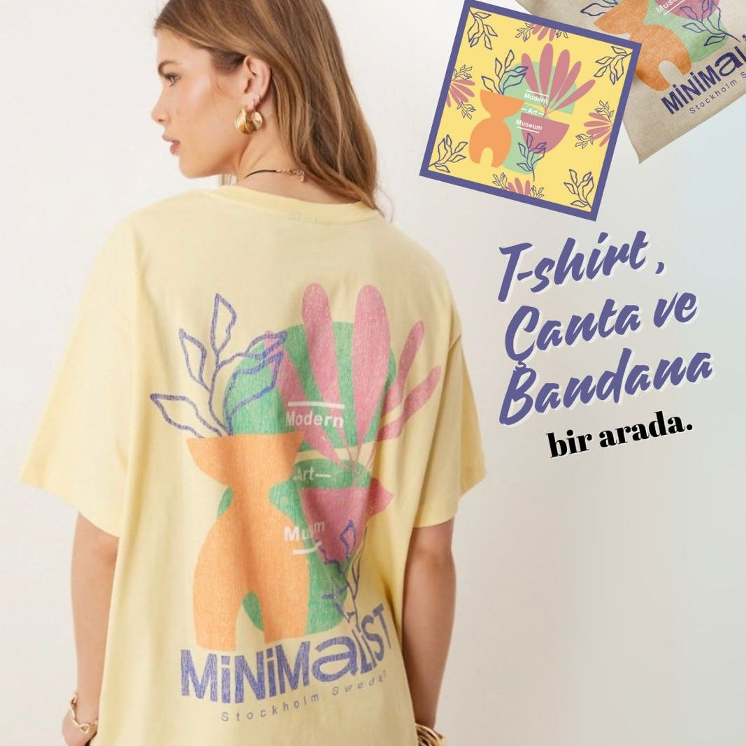 Kadın Sarı Oversize Minimalist Yazılı Sanat Desenli Tişört  Hediye Çanta ve Bandana Seti