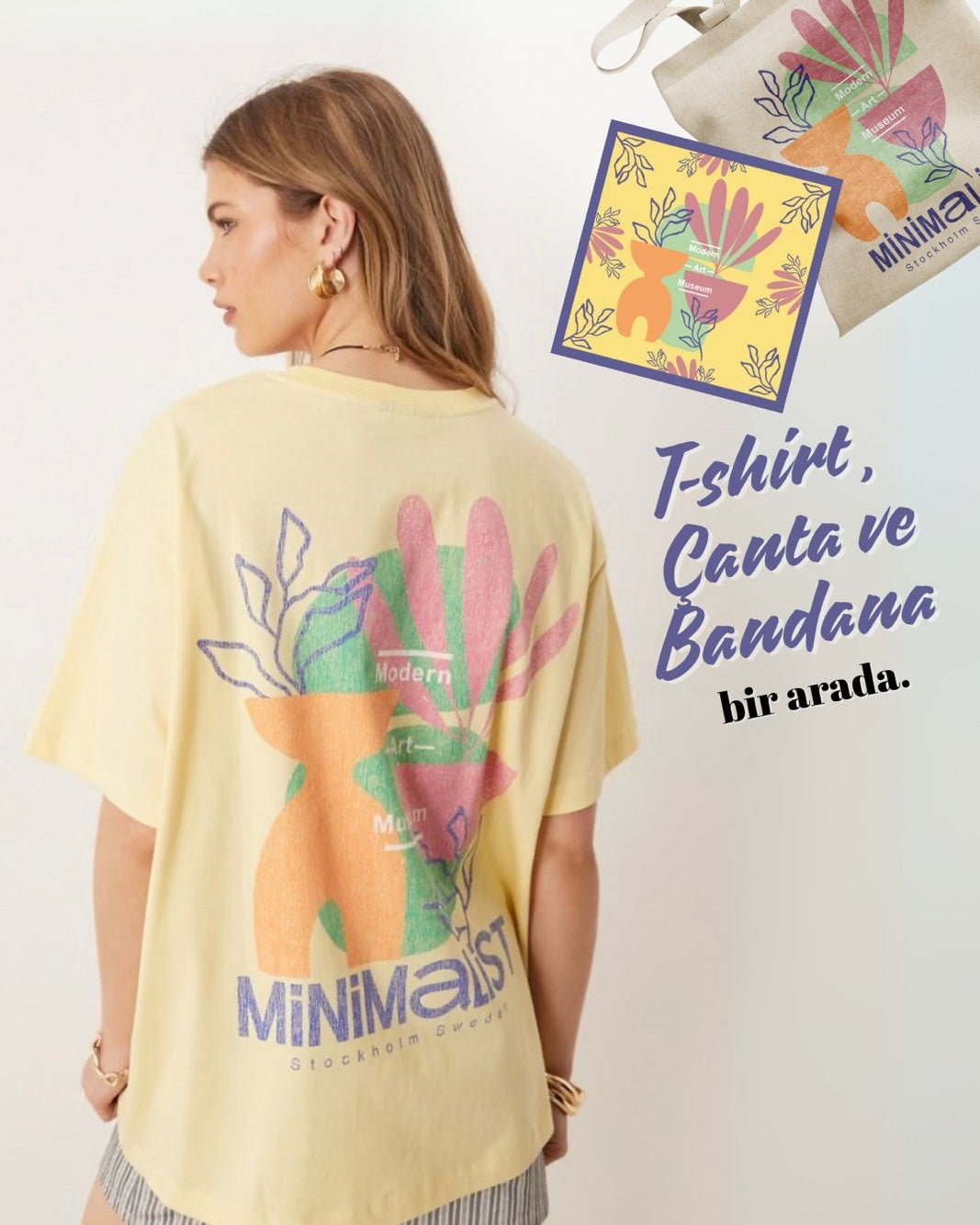 Kadın Sarı Oversize Minimalist Yazılı Sanat Desenli Tişört  Hediye Çanta ve Bandana Seti