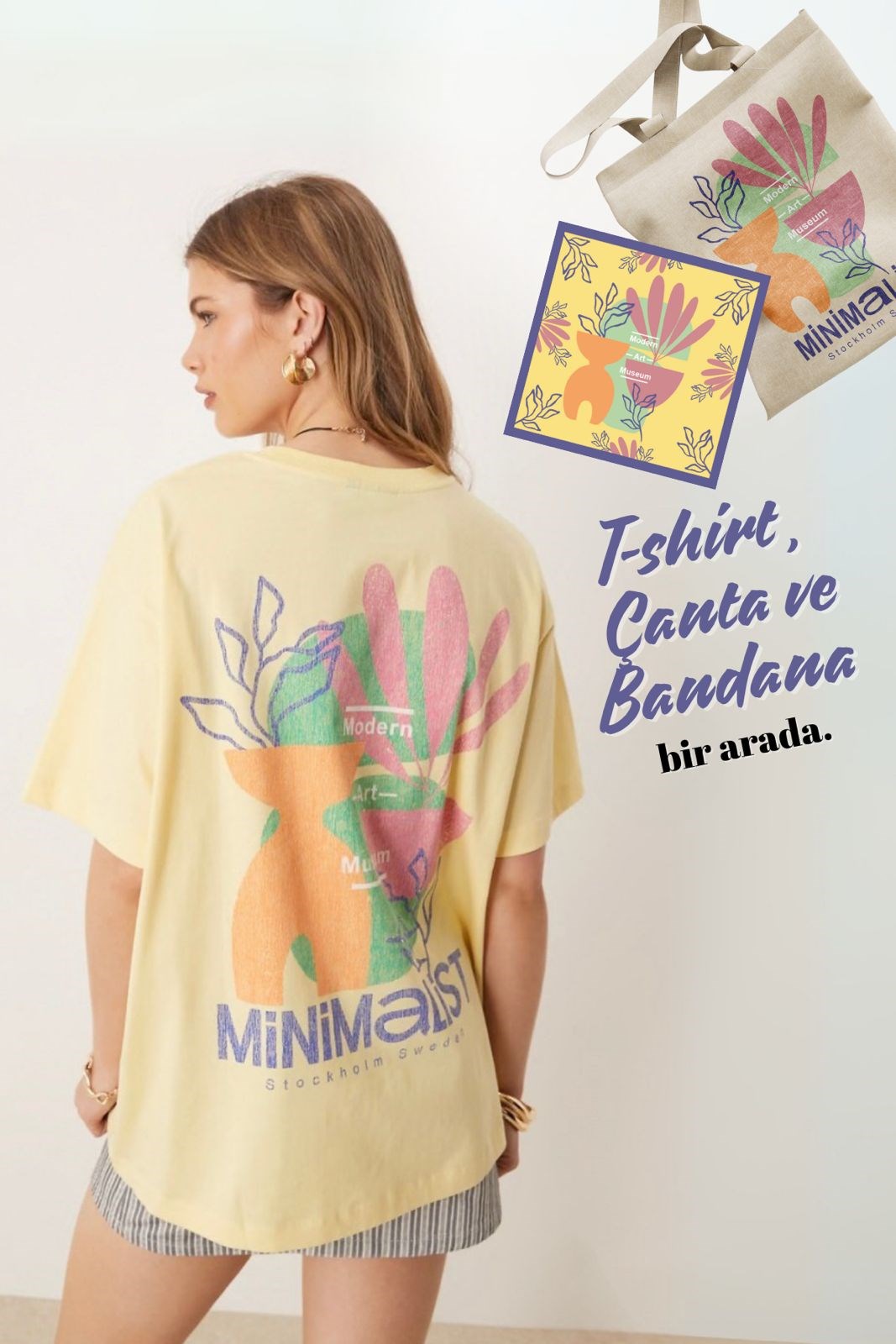 Kadın Sarı Oversize Minimalist Yazılı Sanat Desenli Tişört  Hediye Çanta ve Bandana Seti