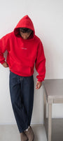 Kadın Oversize Sweatshirt Hoodie CHMP Yazlı Baskılı Kırmızı – Kapüşonlu, 3 İplik Polar, Kanguru Cepli