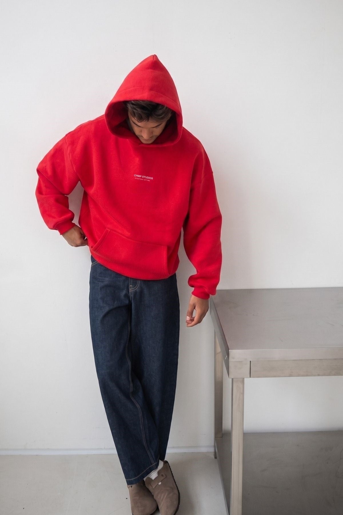 Kadın Oversize Sweatshirt Hoodie CHMP Yazlı Baskılı Kırmızı – Kapüşonlu, 3 İplik Polar, Kanguru Cepli