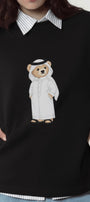 Kadın Oversize Tişört Qatari Bear White Baskılı Siyah – Bisiklet Yaka, Rahat Kalıp, %100 Pamuk