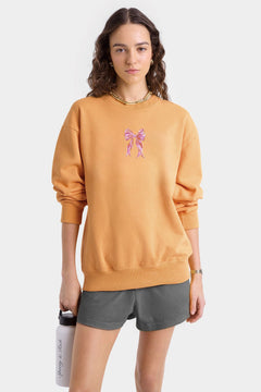 Kadın Oversize Sweatshirt Pembe  Kurdele Baskılı Turuncu – Bisiklet Yaka, 3 İplik Şardonlu Polar