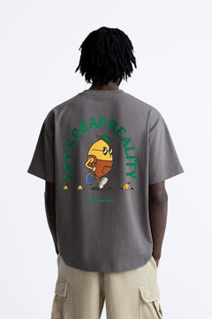 Bisiklet Yaka Petit Jardinier Baskılı Oversize Füme Erkek T-shirt