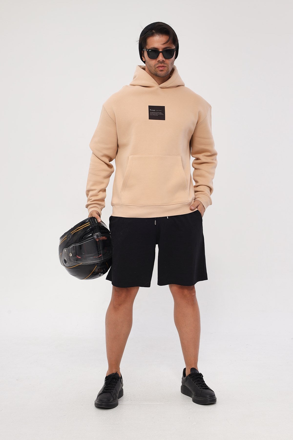 Kapüşonlu İçi Polar Syzygy Yazı Baskılı Bej Oversize Hoodie Sweatshirt