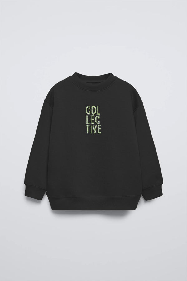 Siyah Bisiklet Yaka Collective Yazılı Arka Fly Kn It Yazılı Oversize Çocuk Sweatshirt