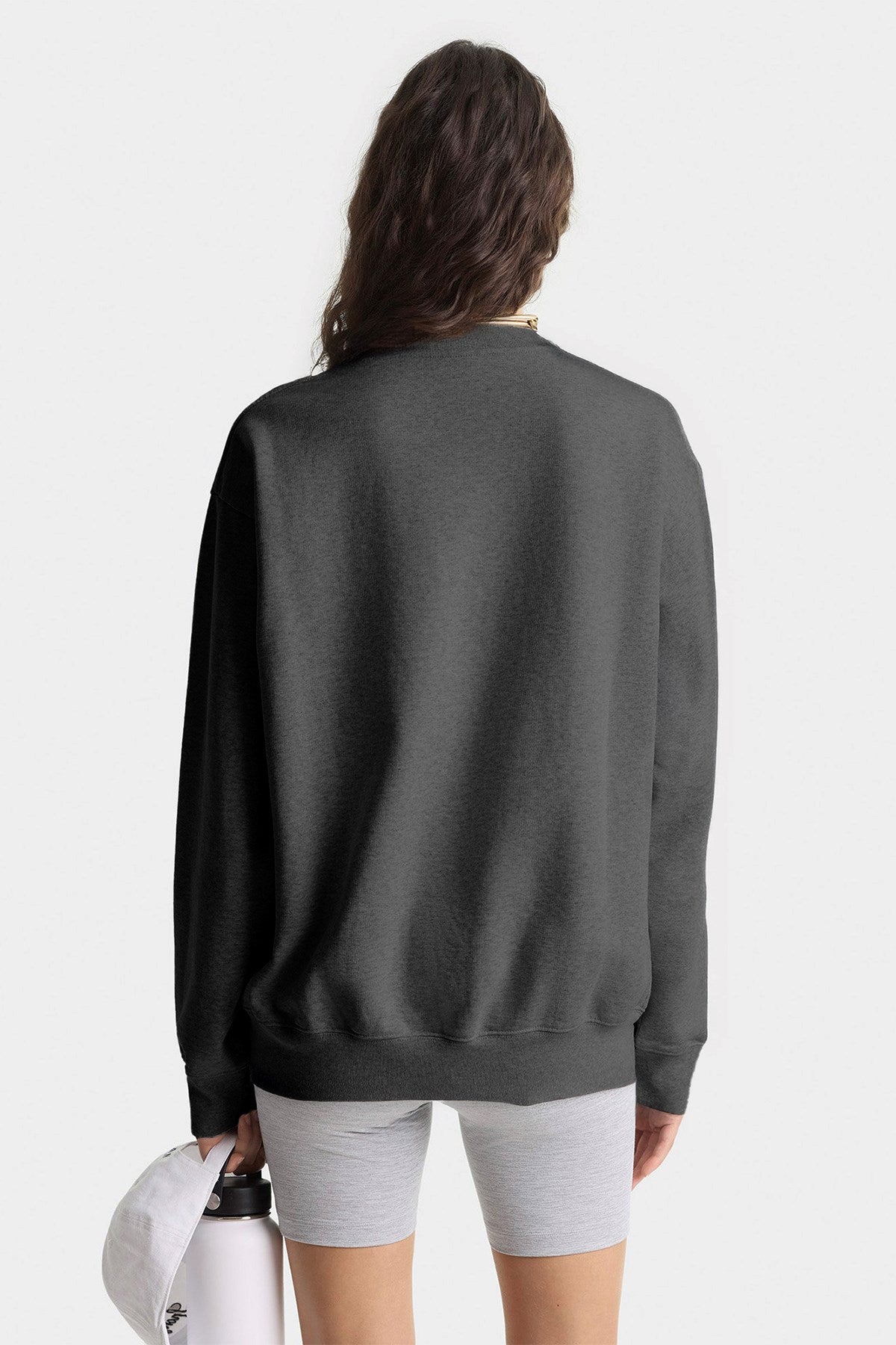 Kadın Oversize Sweatshirt Be Hot Baskılı Füme Melanj – Bisiklet Yaka, 3 İplik Şardonlu Polar