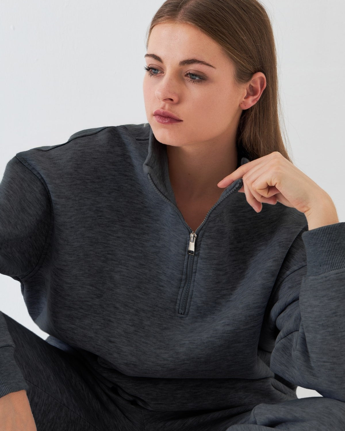Unisex Oversize Sweatshirt Basic Füme Melanj – Yarım Fermuar Dik Yaka, 3 İplik Şardonlu Polar