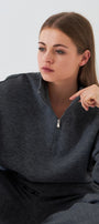 Unisex Oversize Sweatshirt Basic Füme Melanj – Yarım Fermuar Dik Yaka, 3 İplik Şardonlu Polar