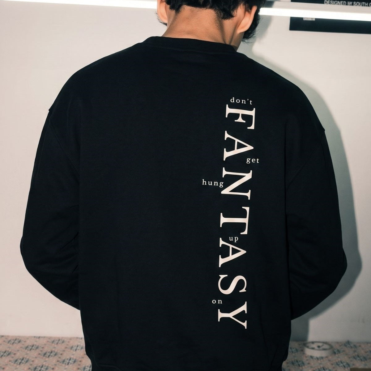 Erkek Oversize Sweatshirt Fantasy Back Baskılı Siyah – Bisiklet Yaka, 3 İplik Şardonlu Polar